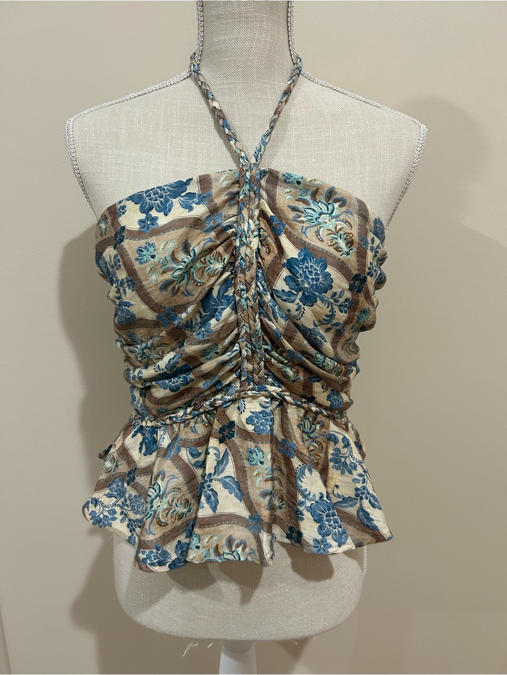 Smocked Halter Peplum Floral Top in Blue and Brown